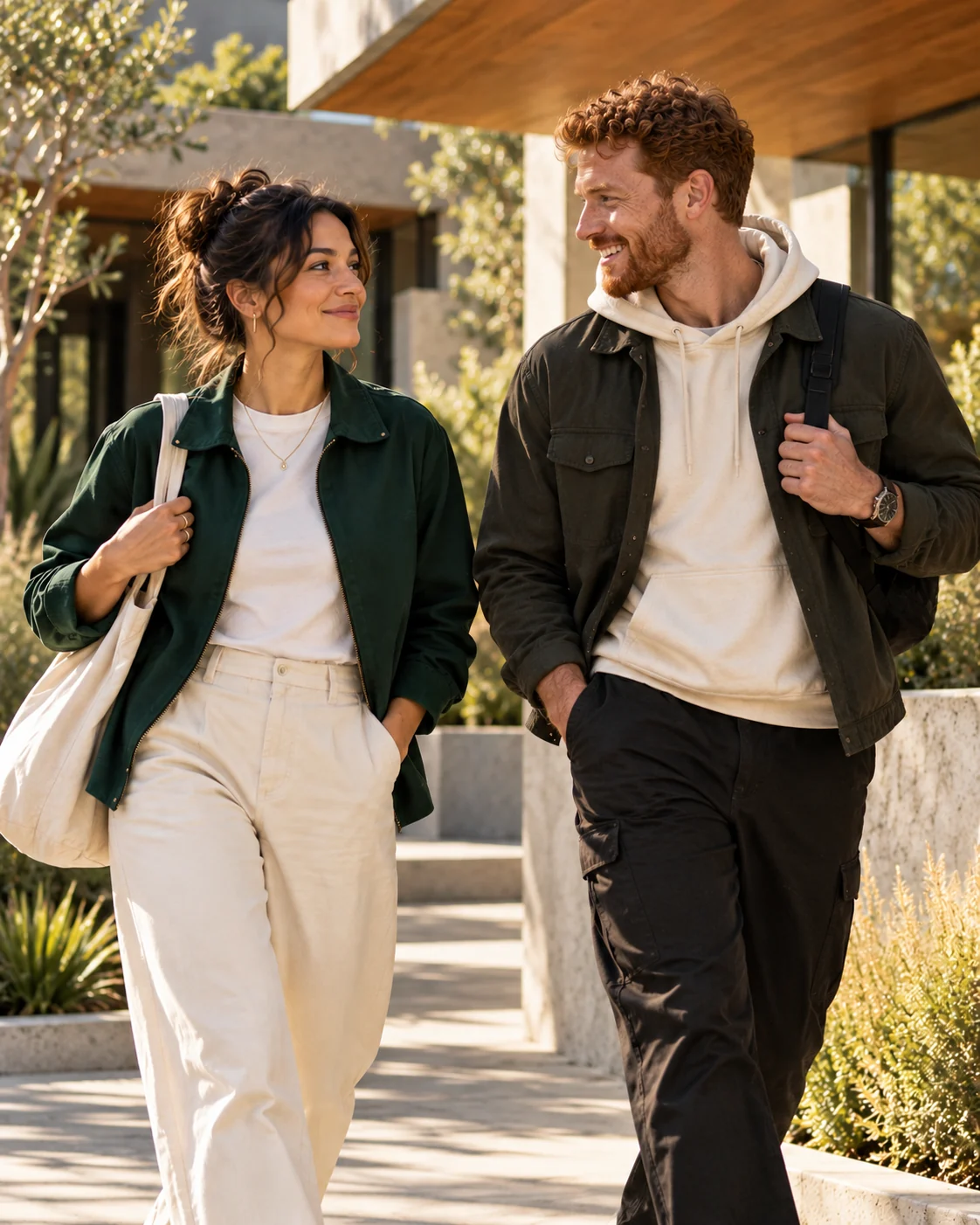 Two adults in forest green, ivory and charcoal clothing walking together outside a contemporary building.